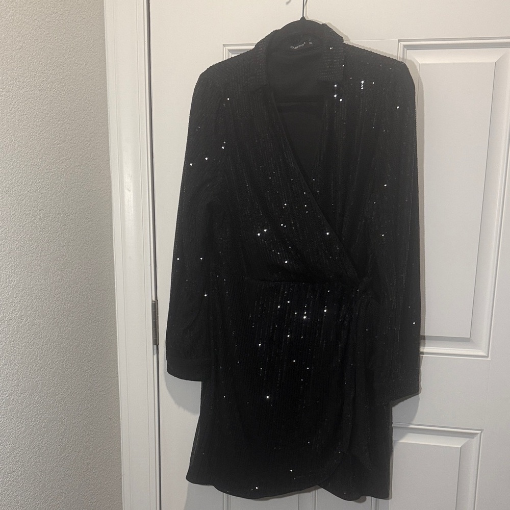 Double Crazy Black Sequin Wrap Dress